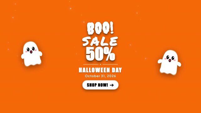 Animated Halloween Boo Sale Promo Text With Spooky Ghost Graphic On Black Background For Holiday Marketing Video