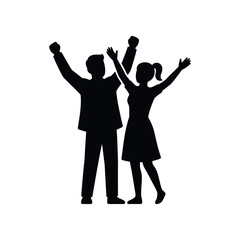 Fototapeta premium Silhouette of a happy couple celebrating with raised arms.