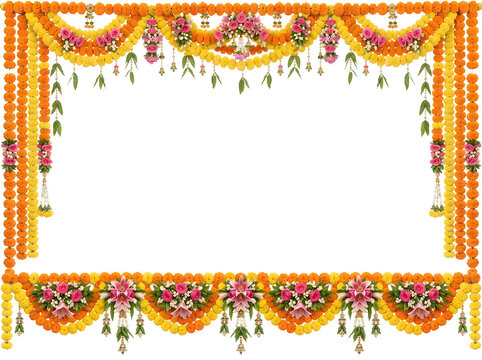 Beautiful marigold garland floral toran for diwali decoration and indian wedding decoration during an indian festival traditional indian decor design
