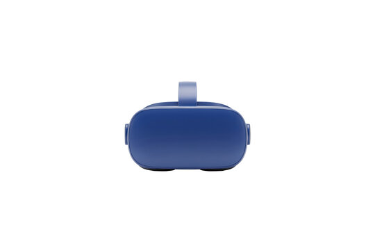 Front view of a solid blue virtual reality headset with an adjustable strap for immersive gaming experiences isolated on a transparent background