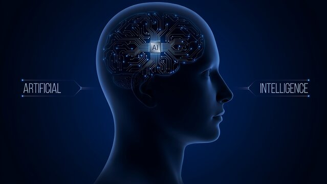 Artificial intelligence concept with human head silhouette and digital brain circuit board.