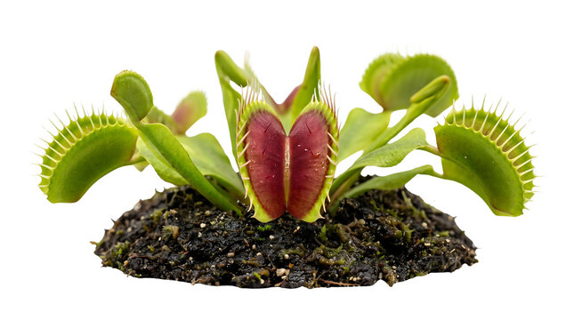 Venus Flytrap Carnivorous Plant Isolated On Transparent Background Featuring Vibrant Green And Red Traps With Spiky Cilia