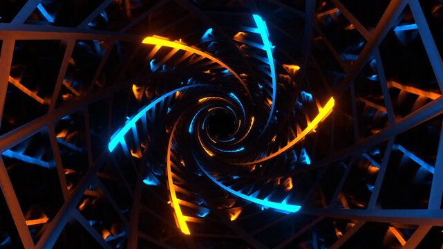 Orange and Blue Neon Lines Tunnel with Mirror Frames Background VJ Loop in 4K