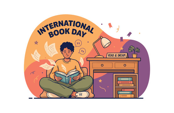 International book day vector illustration of a person reading a book on the floor with graphic desi