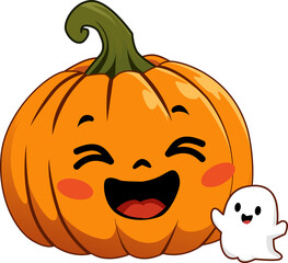 Cheerful pumpkin and cute ghost cartoon characters perfect for halloween decorations, invitations, greetings, posters, stickers, and childrens activities. © Sawah Maya