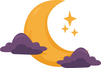 Golden crescent moon, sparkling stars, purple fluffy clouds  ideal for celestial backgrounds, night sky designs, or dreamy concepts. © Sawah Maya