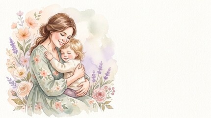 Fototapeta premium Watercolor illustration of a loving mother hugging her small child amidst floral garden.