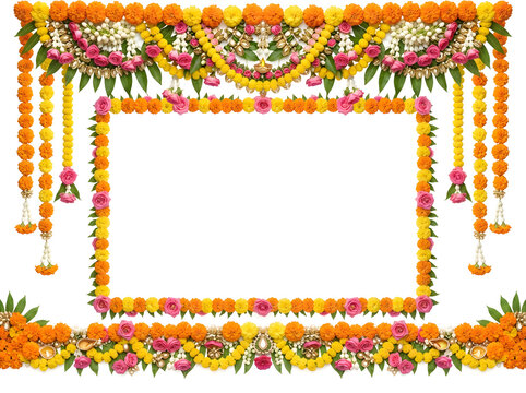 Beautiful marigold garland floral toran for diwali decoration and indian wedding decoration during an indian festival traditional indian decor design