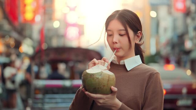 Happy young Asian woman enjoying fresh coconut water with straw, smiling while drinking tropical beverage on vibrant Yaowarat Chinatown street in Bangkok, Thailand, travel, local food and urban lifest