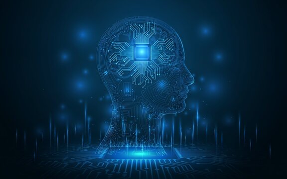 Artificial intelligence head profile with digital circuit board brain and glowing data nodes