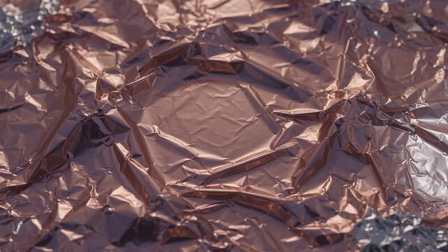 Shimmering light on crumpled copper foil macro texture
