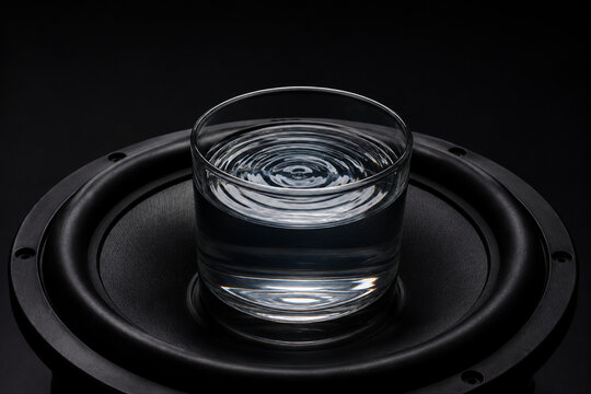A glass of water with ripples on a black speaker surface.