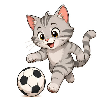 Cute playful tabby kitten playing soccer ball isolated on white background