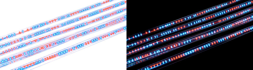 Fototapeta premium Data cable background with glowing cyan and orange dashed light pulses in PNG, Transparent and Black Background Versions