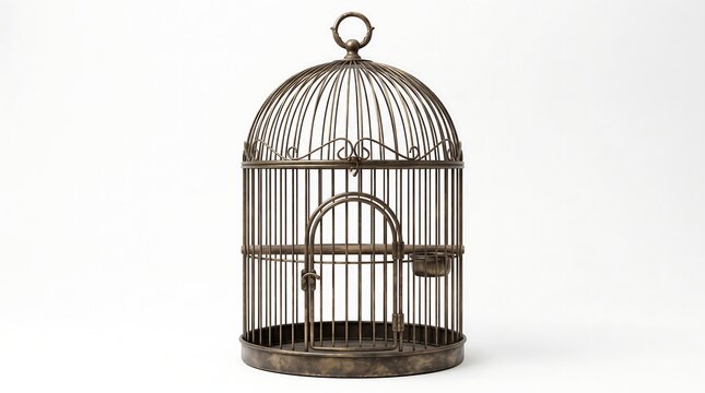 Vintage metal bird cage isolated on a clean white background for interior decor