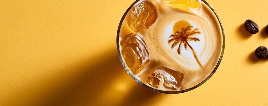 Summer iced coffee with palm tree latte art and ice cubes on yellow background