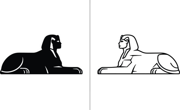 Sphinx Illustrations, a Pair of Stylized Egyptian Mythical Creatures in Black and White, Showcasing Ancient Symbolism and Iconic Design.