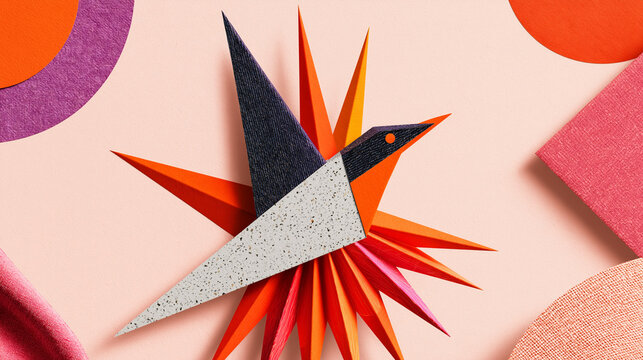 Collage showing sharp origami bird made from colorful paper shapes