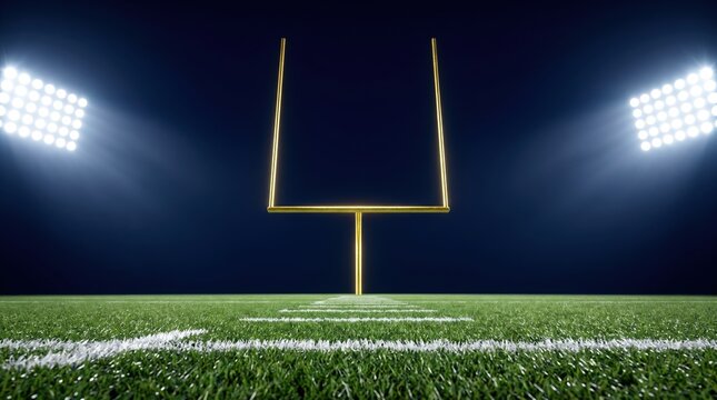 Commercial high-resolution photo of american football on the field at night with goal post and stadium lights in the background view at ground level.