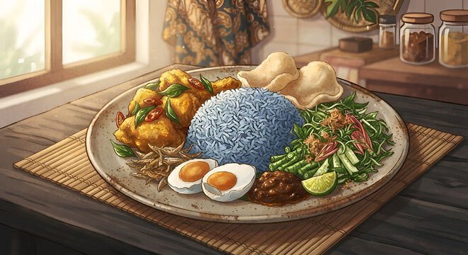 Traditional Malaysian Nasi Kerabu Digital Illustration featuring blue pea rice, local herbs, salted egg and spiced fried chicken on a plate
