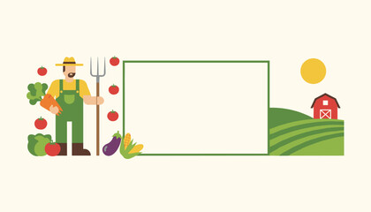 Fototapeta premium Friendly male farmer holding a pitchfork next to a blank billboard on a scenic organic farm background with a barn.