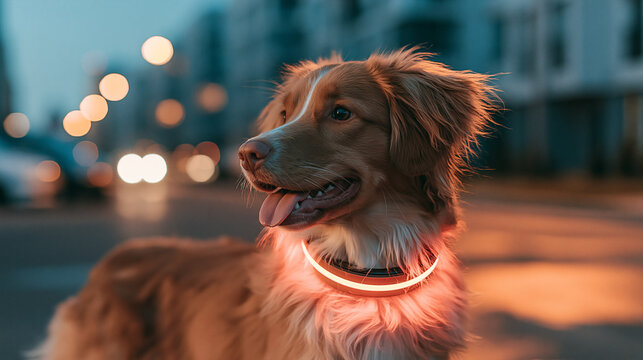 Dog wearing a smart collar during evening in urban setting