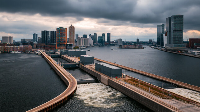 Flood prevention infrastructure along a river in a city