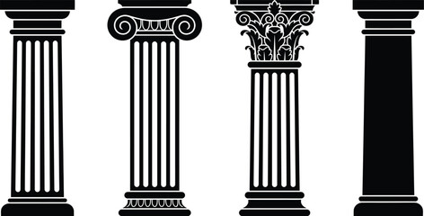 Naklejka premium Classical architectural columns with varying capitals presented as black silhouettes