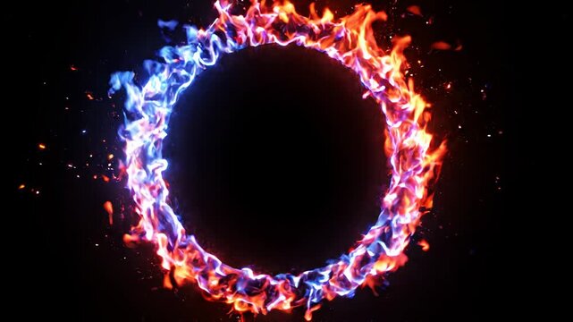 A dynamic circular frame of fire with striking red and blue flames. Energetic visual effect for backgrounds, transitions, or overlays.