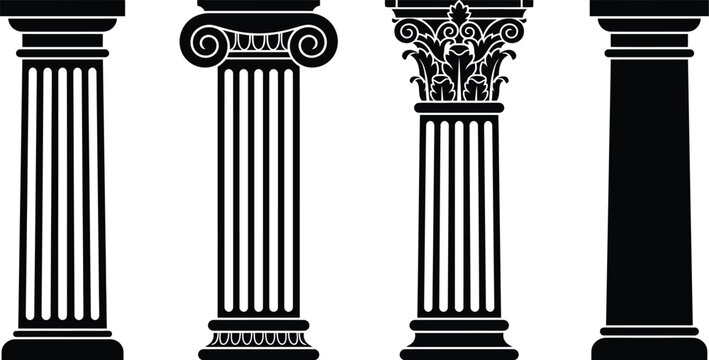 Classical architectural columns with varying capitals presented as black silhouettes