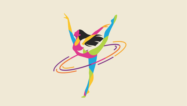Colorful abstract vector illustration of a female rhythmic gymnast performing with hoops on a beige background.