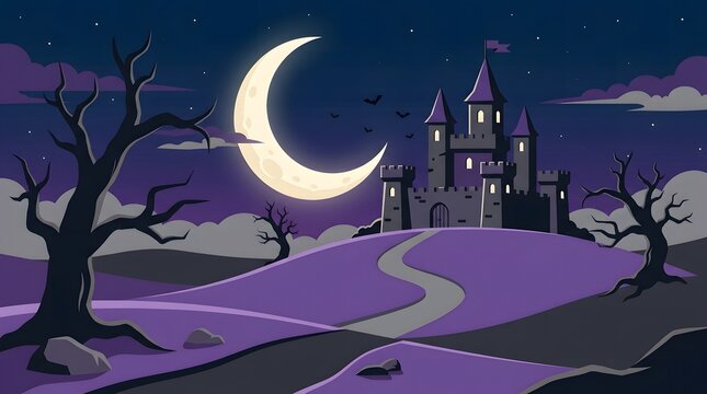 A spooky moon and haunted castle scene halloween background featuring a dark purple landscape with bare trees and night sky