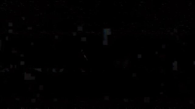 A dynamic digital glitch effect featuring broken screen distortion, colorful RGB noise, and pixelated artifacts.