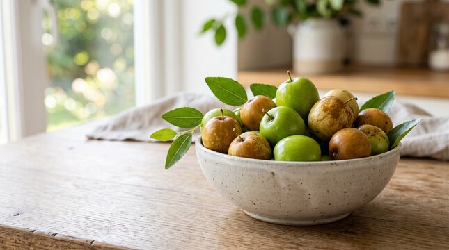 Fresh green jujubes and raw Chinese dates in a rustic bowl on a wooden kitchen table