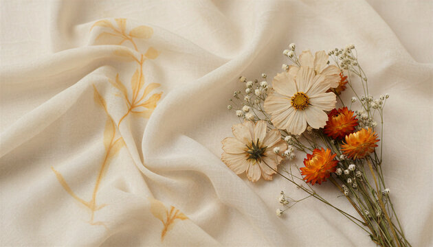 Dried flowers bouquet on patterned textile