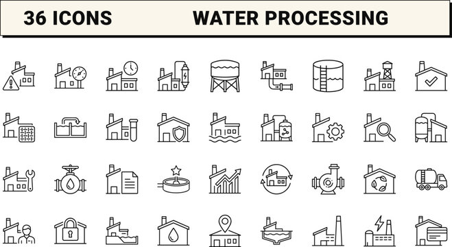 Water Treatment Plant Water Processing Web Icon Set in Linear Style. Collection of Water Purification line icons, including filtration, disinfection, pumping, aeration, pipeline, sanitization.
