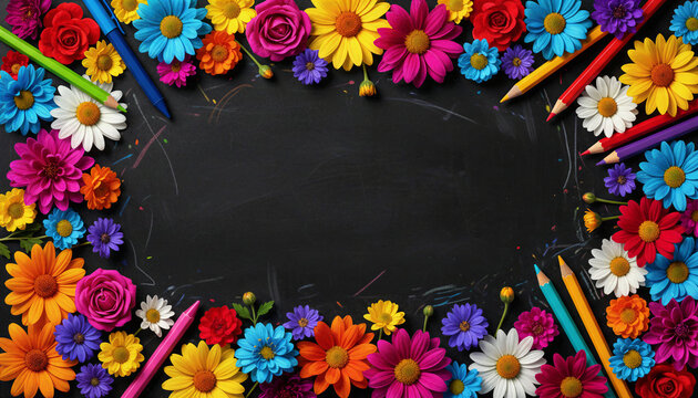 Colorful flowers and colored pencils on a blackboard background