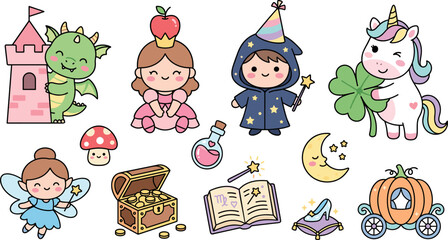 Fototapeta premium Cute Kawaii Fairytale Vector Element Set with Adorable Princess, Dragon, Wizard, Unicorn, Fairy, Castle, and Magic Spell Book for Kids Graphic Designs