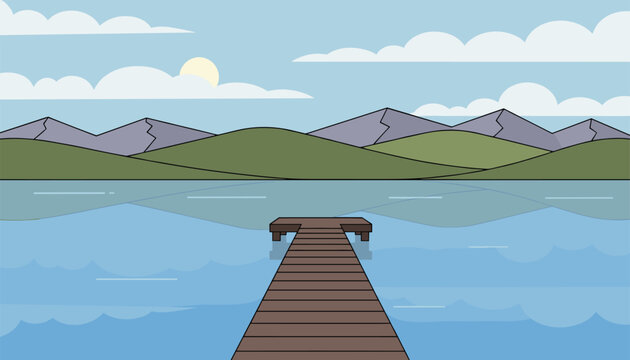 Long wooden dock extending into a peaceful blue lake with rolling hills and mountains under a soft cloudy sky.