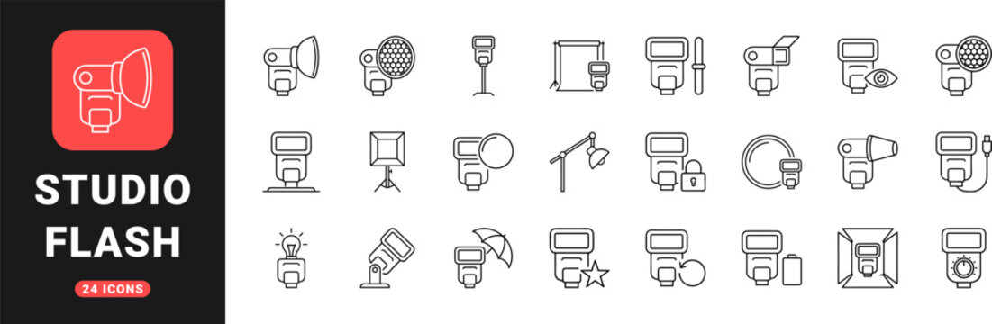 Camera Flash Studio Lighting Web Icon Set in Linear Style. Collection of Strobe Equipment line icons, including strobes, modifiers, triggers, stands, diffusers, metering.