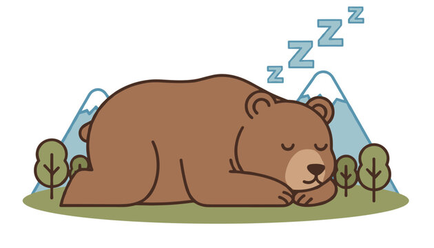 Cute brown bear sleeping peacefully in a green meadow with snowy mountains in the background and Z letters above.