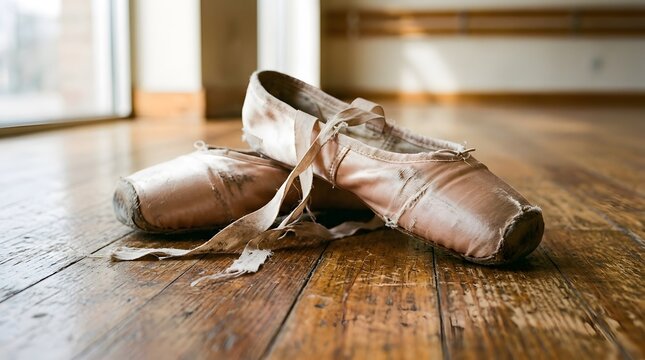 Worn pink ballet pointe shoes resting on a wooden dance studio floor perfect for national dance day