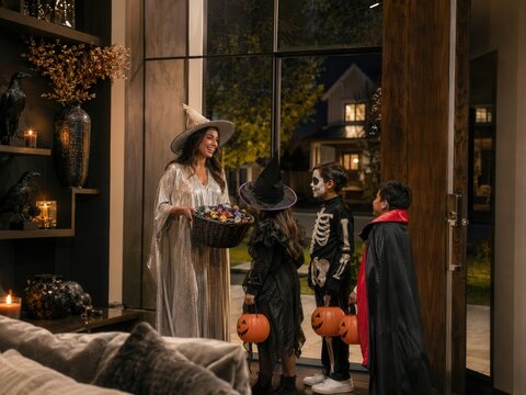 Kinder in Halloweenkost&uuml;men bekommen S&uuml;&szlig;igkeiten an einer modernen Haust&uuml;r. Freundliche Gastgeberin verteilt Candy an Hexe, Skelett und Vampir in warmer Abendstimmung.