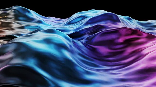 A mesmerizing abstract animation featuring smooth, flowing waves of iridescent liquid metal with vibrant color shifts.