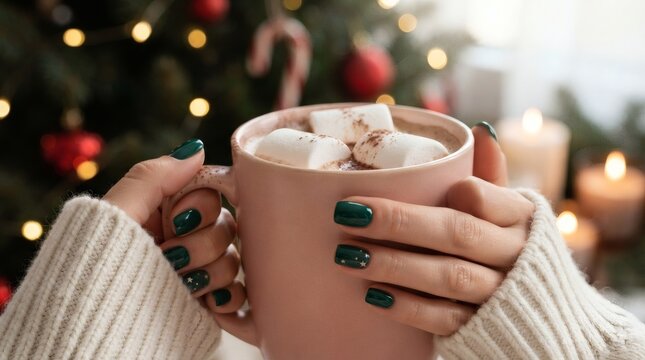 Cozy Hands Holding Hot Chocolate with Marshmallows and Festive Lights
