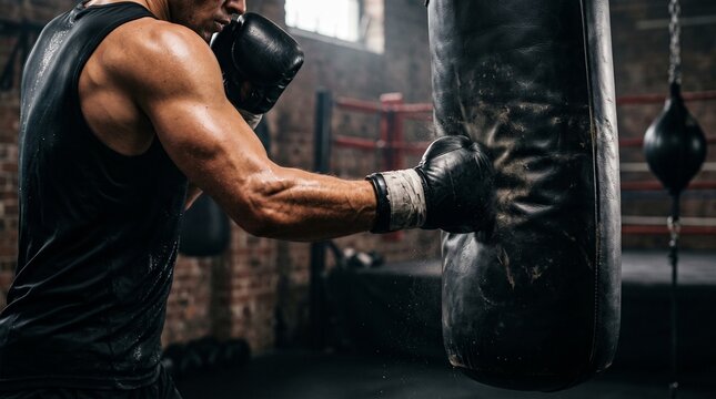 Side angle shot of a shirtless, highly defined male boxer striking a hanging heavy bag in a dark, atmospheric boxing gym with a ring background.