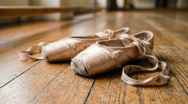 Worn pink ballet pointe shoes resting on a wooden dance studio floor perfect for national dance day