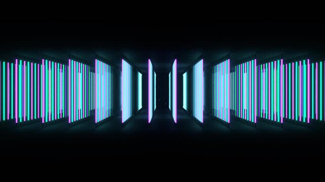 Purple and Turquoise Sequential Light Wave in Cracked Mirror Room Background VJ Loop in 4K