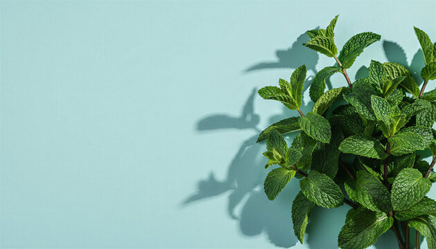 Fresh mint leaves isolated on light blue background