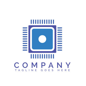 Minimalist computer chip logo design with a central circle icon